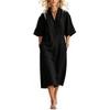 Women’s Loose Fit Linen Midi Dress V Neck Short Sleeve Button Front Casual Oversized Dress with Pockets for Everyday Wear