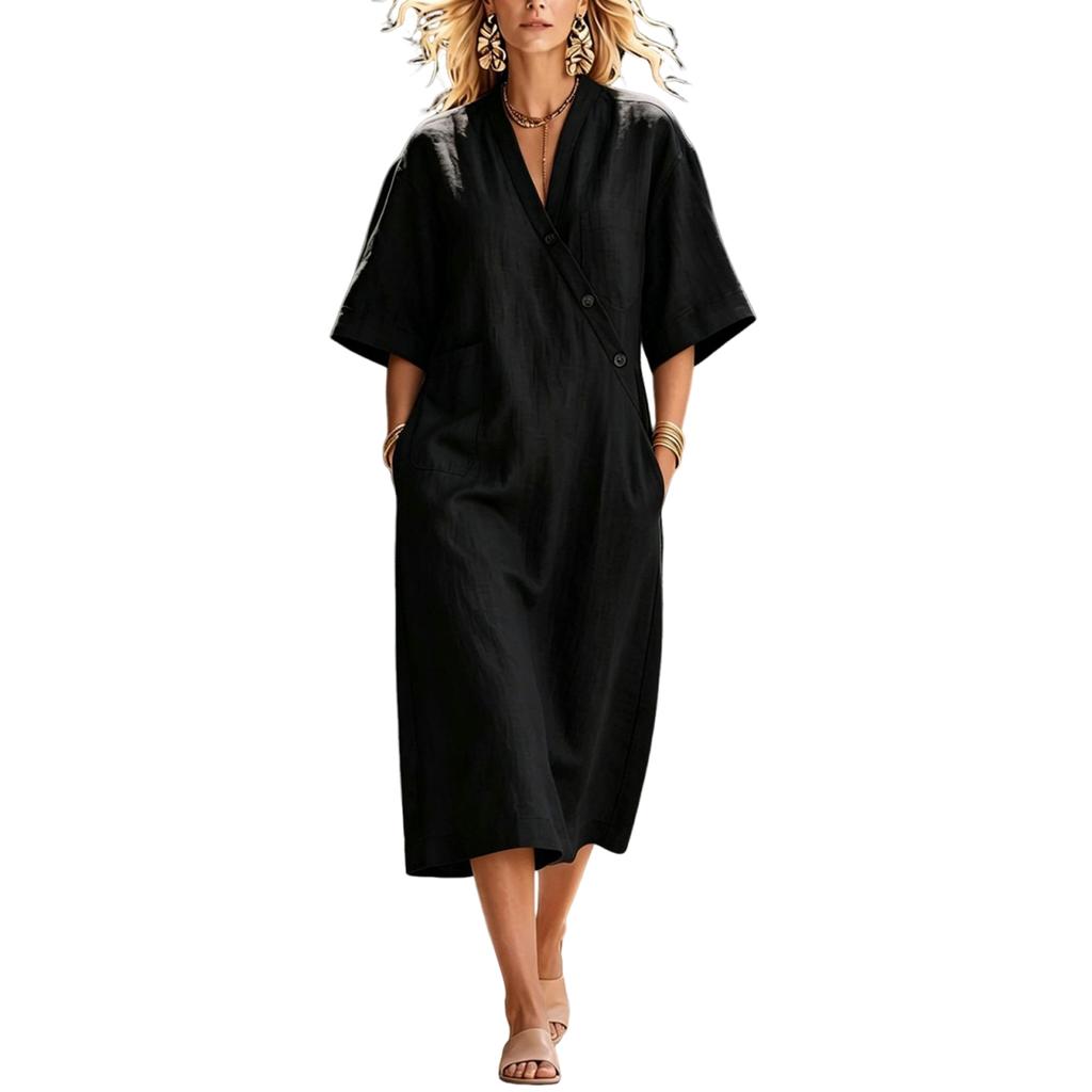 Women’s Loose Fit Linen Midi Dress V Neck Short Sleeve Button Front Casual Oversized Dress with Pockets for Everyday Wear
