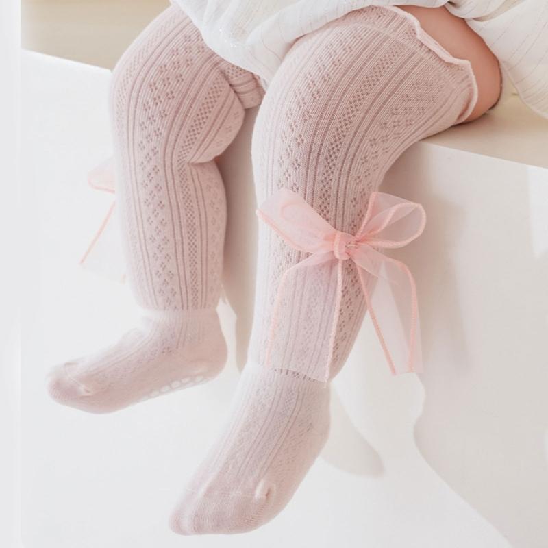 Kids Lace Pattern Over Knee Stockings Soft Combed Cotton Summer Thin Style Beige Color For Daily Wear