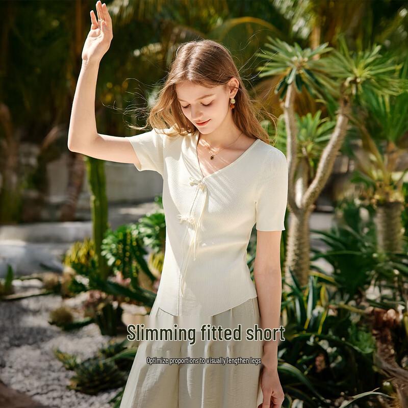Women's Flower Knot V-Neck Knitted Short Sleeve Top