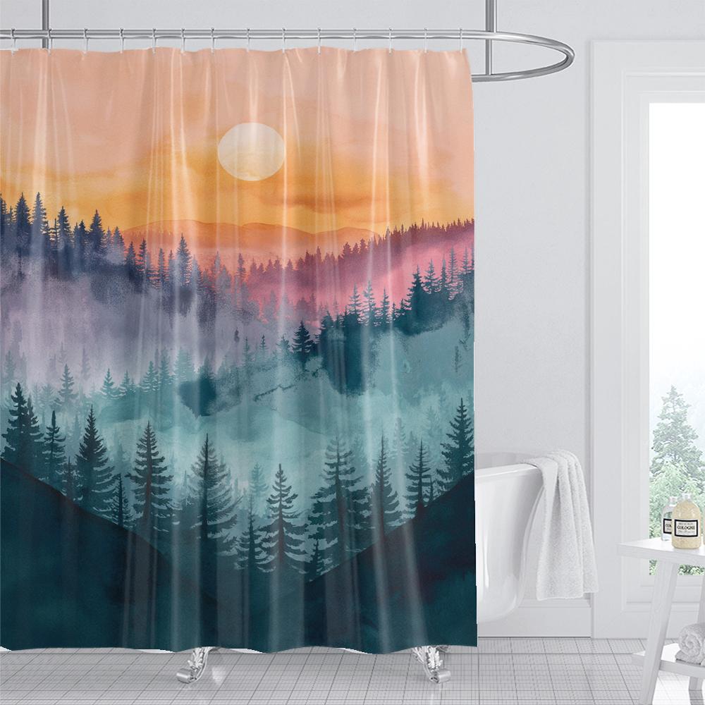 1Pcs Watercolor Landscape Printed Fabric Waterproof Shower Curtain, Bathroom Decoration Curtain, With Hooks