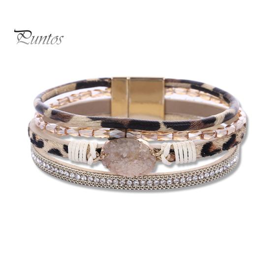 Women Cuff Bangle Four Layers Faux Crystal Rhinestone Retro Fake Leather Magnetic Clasp Girls Wrap Bracelet Fashion Jewelry Gift