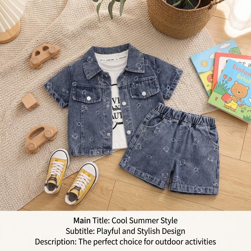 New Summer Outfit For Children: Stylish Girls' Denim Jacquard Short-Sleeve Three-Piece Set For Toddlers And Young Children
