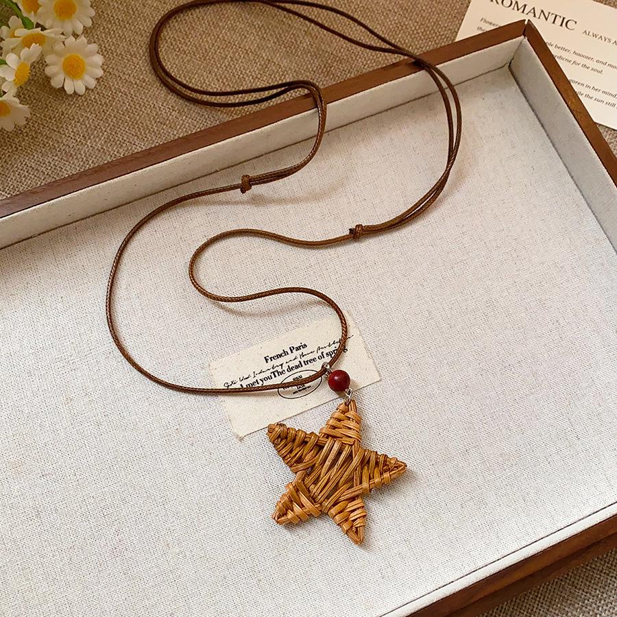 Retro Ethnic Heart Necklace: Wooden Flower Pendant Sweater Chain for Women