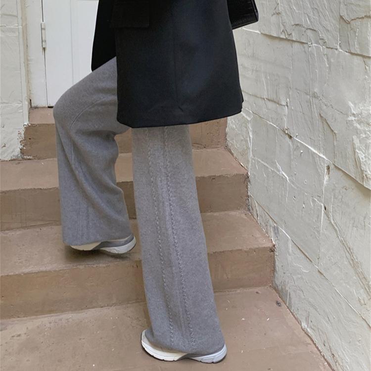 Women’s Solid Fashion Slim Thicken Knit Pants High Waist Casual Stylish Straight Trousers for Lady Soft Comfortable Versatile Warm Loose Knit Pants