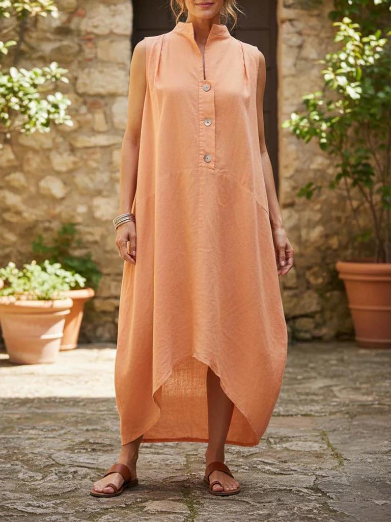 Women's 2026 Sleeveless Cotton Linen Long Dress with Stand Collar - Casual & Loose Fit