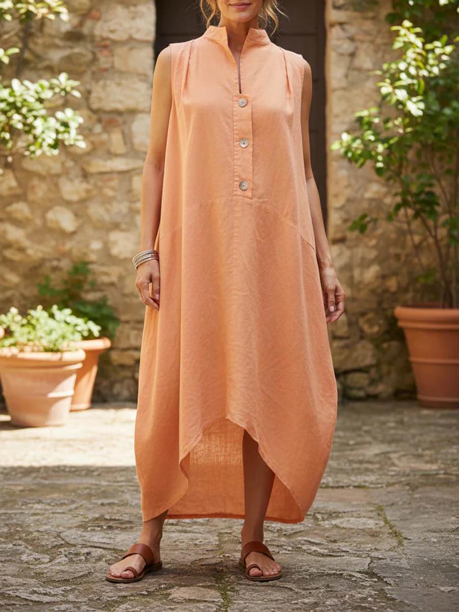 Women s 2026 Sleeveless Cotton Linen Long Dress with Stand Collar - Casual & Loose Fit XXXL оранжевый