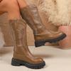 2025 New Plus Size V-Neck Cowboy Boots Women's Fall and Winter Mid-Leg Brown Knight Boots