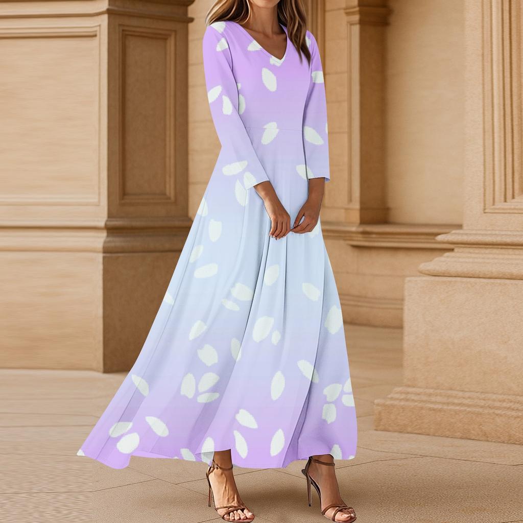 Women's Casual 3/4 Sleeve V-Neck Floral Print Maxi A-Line Beach Dress