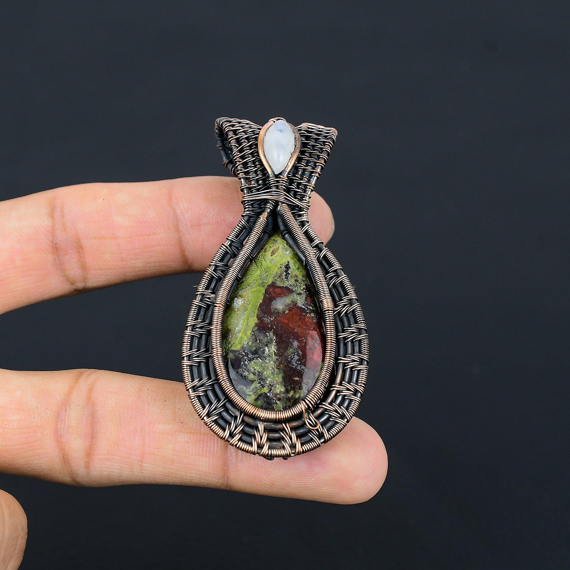 

Dragon Blood Jasper & Moonstone 999 Copper Wire Wrapped Pendant, Handmade Gemstone Pendant Jewelry, Gifts For Wife Brand New Pendant 2.55 Inches