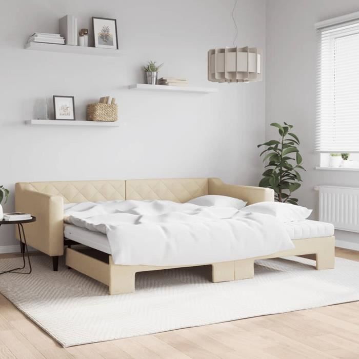 VidaXL Daybed with Trundle and Mattress Cream 100x200 Cm Fabric 3197453