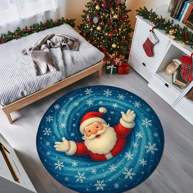 

Christmas Round Doormat with Santa Claus and Snowflakes, Blue Spiral Winter Design Carpet, Festive Holiday for Living Room Decor Diameter 60cm