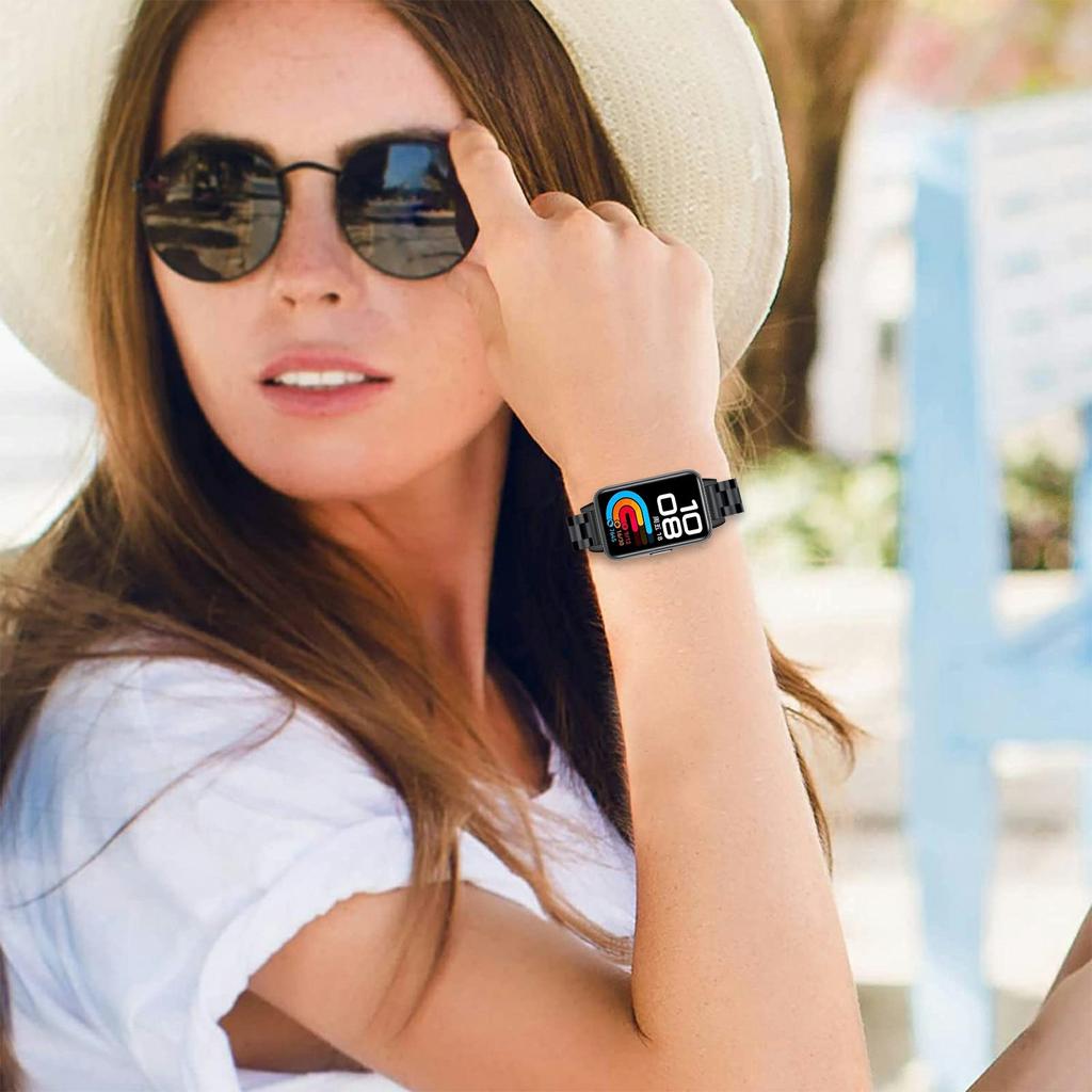 Black Watch Band for Huawei Band 10/9/8 Stainless Steel 3-Bead Metal Strap