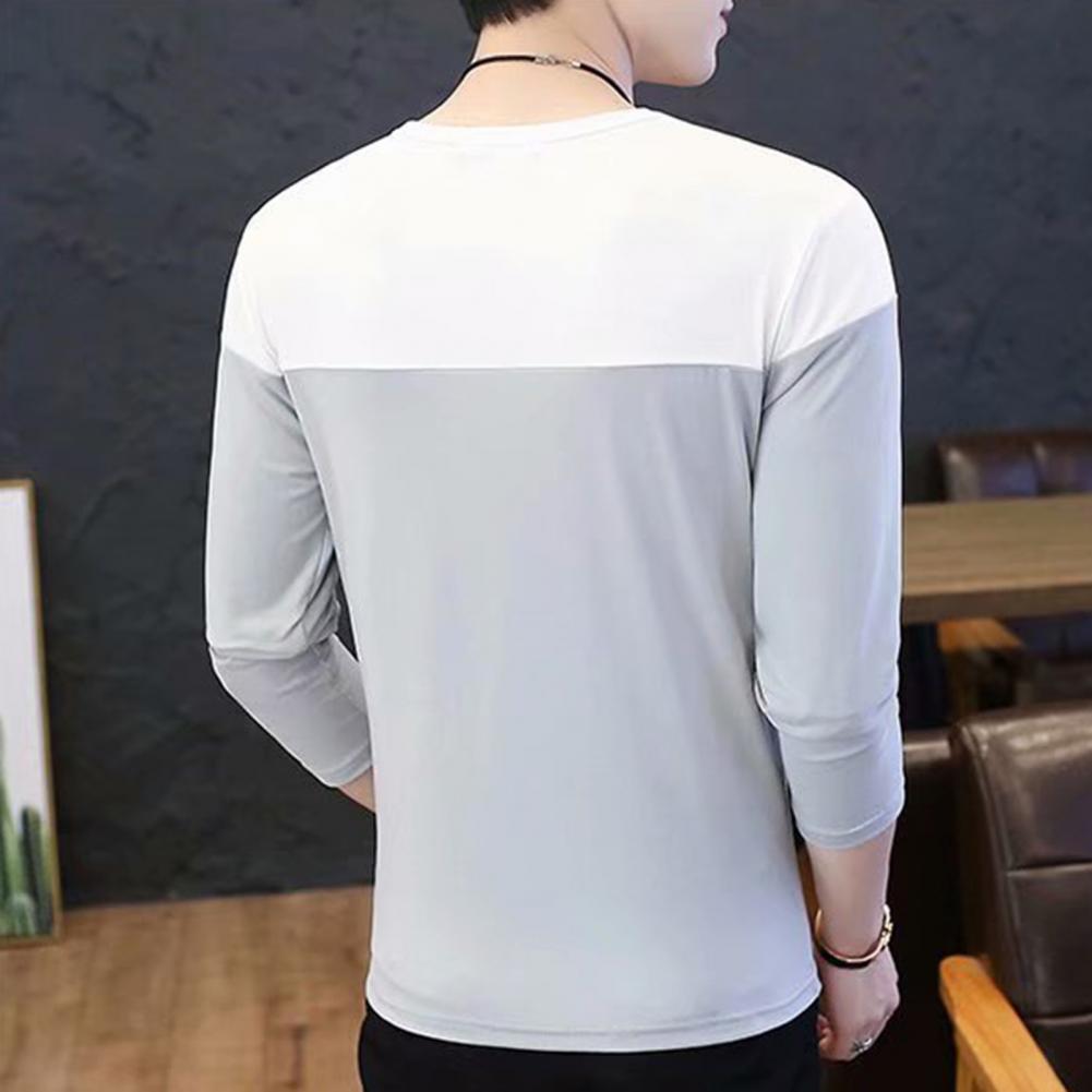 Fall Spring Men Top Patchwork Color Matching Letter Pattern Round Neck Long Sleeves Pullover Daily Wear Casual T-shirt