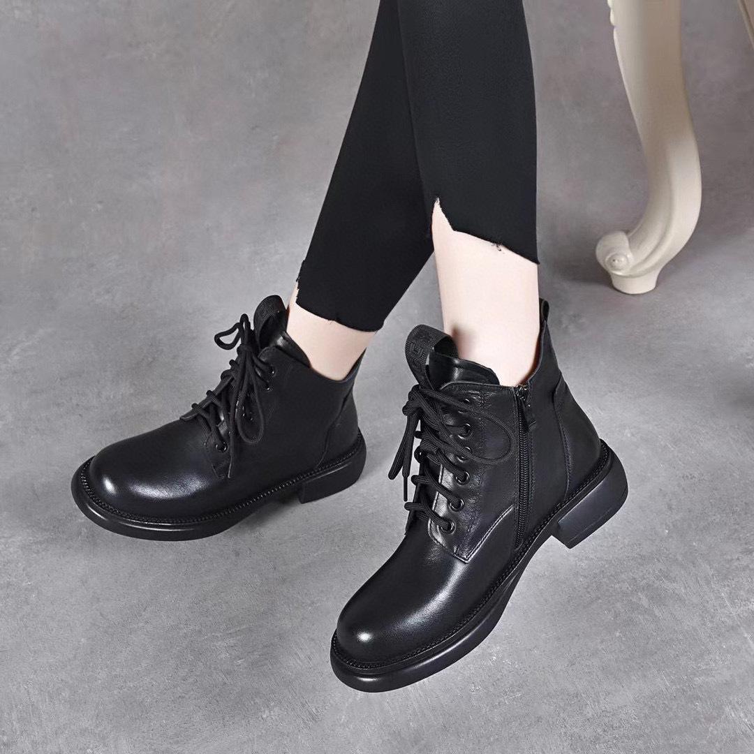 

Женские кожаные ботинки ботинки Мартин осень и зима новые круглый носок плоская подошва ремешок повседневные короткие ботинки первый слой коровьей кожи высокий верх женские ботинки 34