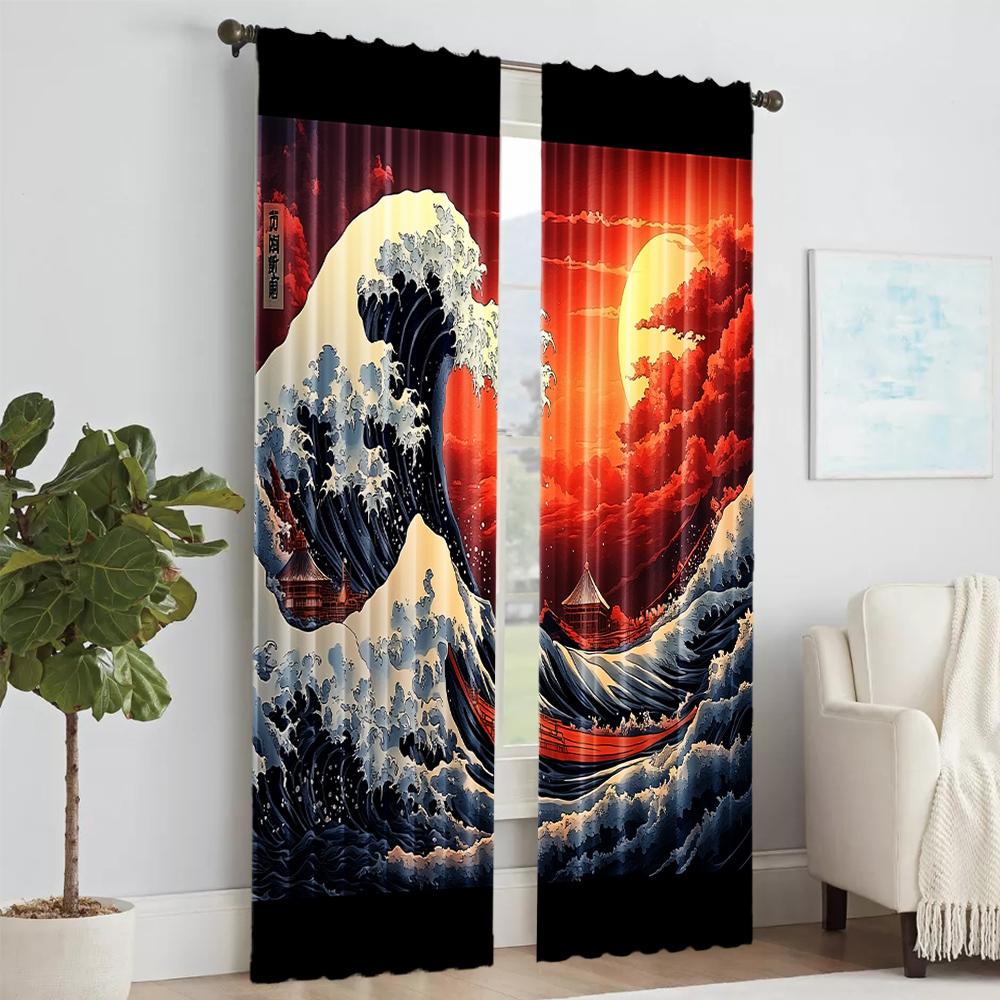 Set Of 2 Versatile Polyester Transparent Curtains Home Decoration Sunset Ocean Waves Japanese Art Use Bedrooms Made Bedroom Decor Window Treatment