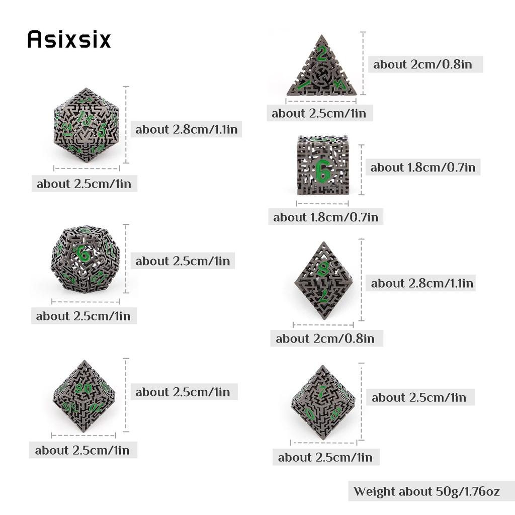 7 Pcs Black Green Metal Dice Maze Hollow Metal Polyhedral Dice Set Suitable for Role-Playing RPG  Board Game Card Game