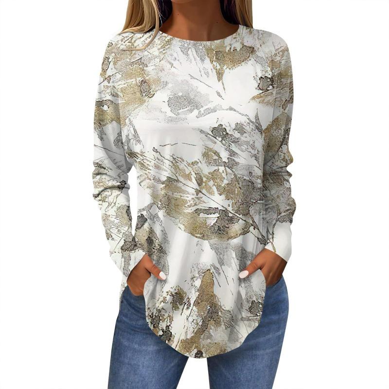 Damen T-Shirt mit 3D-Blattdruck, modisch, langärmlig, Rundhalsausschnitt, normale Oberteile, Feiertagswochenende, Frühling und Herbst