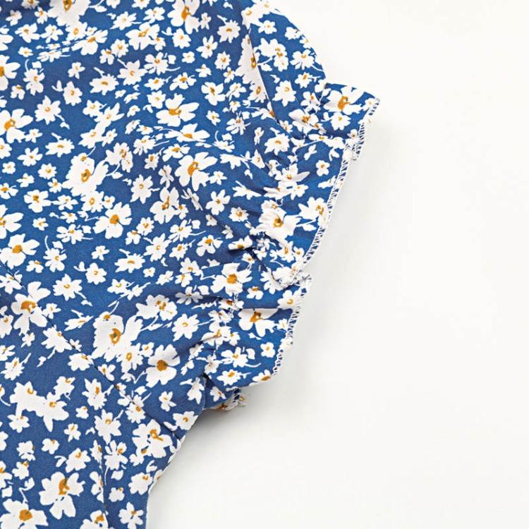 Summer Women Floral Print High Waist Dress with Bow Detail V Neck Short Sleeve