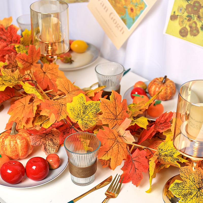 Artificial Maple Leaf Garland - Realistic Autumn Red, Orange, Yellow-Green Colors - Plastic Fall Vine Strips for Wedding Decor