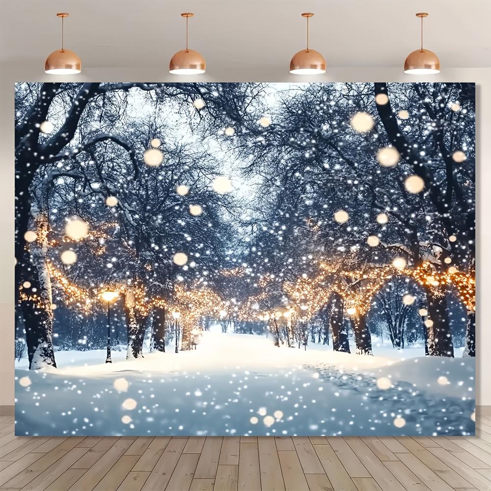 1 enchanting winter snow background | Shining white forest miracle and fairy lamp party decoration