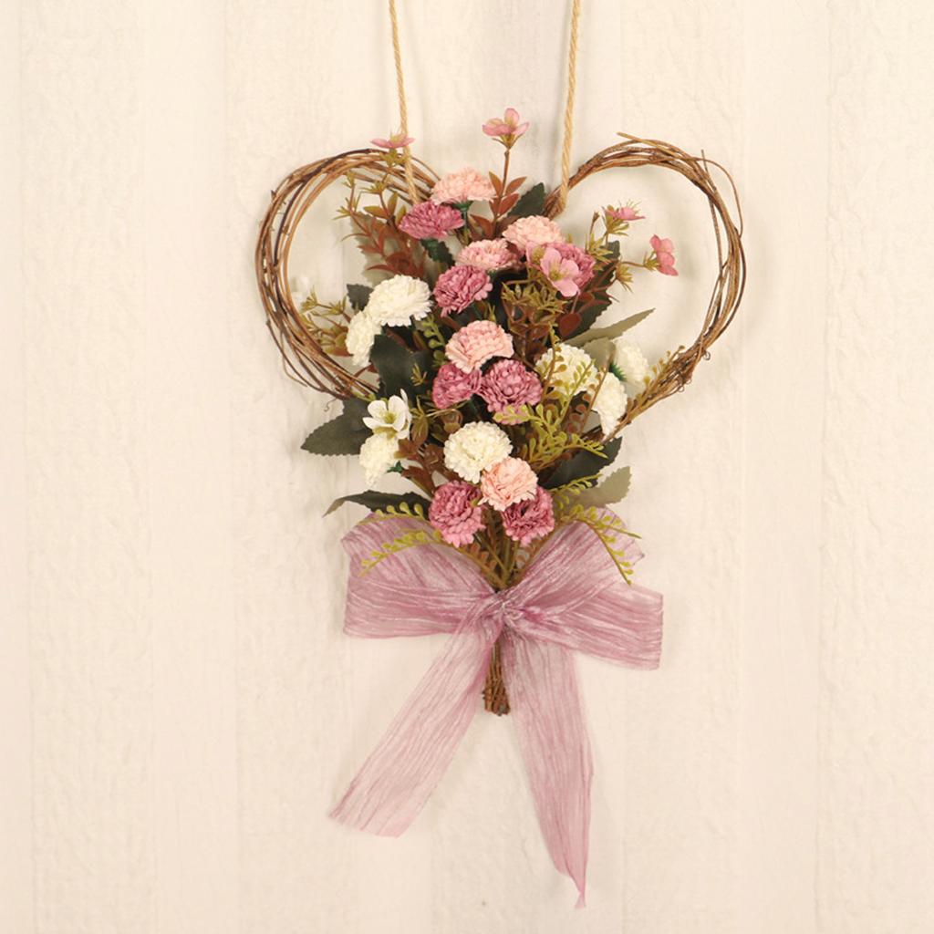 Artificial Carnation Wreath Heart Shaped Artificial Flower Wall Hanging Decoration with Bow