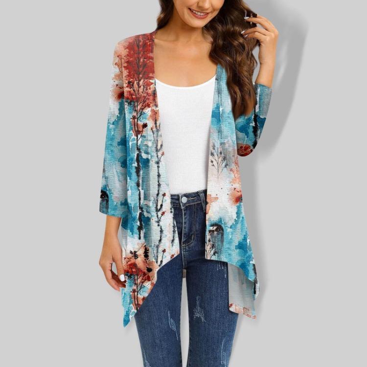Women Cardigan Jacket With Pocket Three Quarter Sleeve Irregular Print
