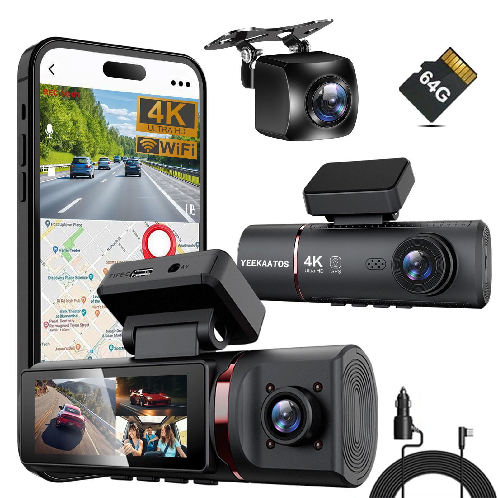 

YEEKAATOS Видеорегистратор 3 камеры 8 мегапикселей 4KHD качество Power Image сильное ночное видение функция обнаружения парковки 3 камеры для и передней