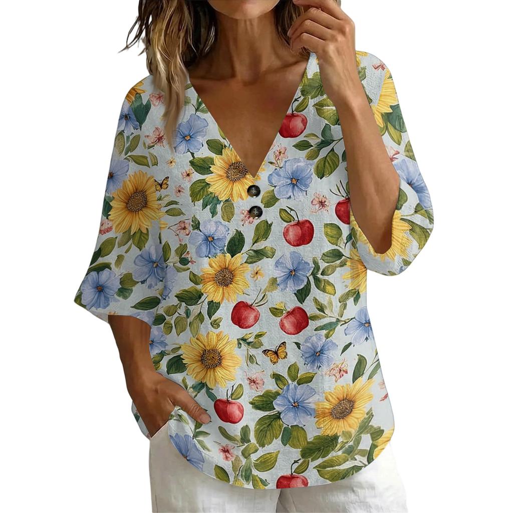 Women V Neck Vintage Floral Print Loose Fit Short Sleeve T Shirt Linen Blend Comfortable Casual Top for Daily Wear