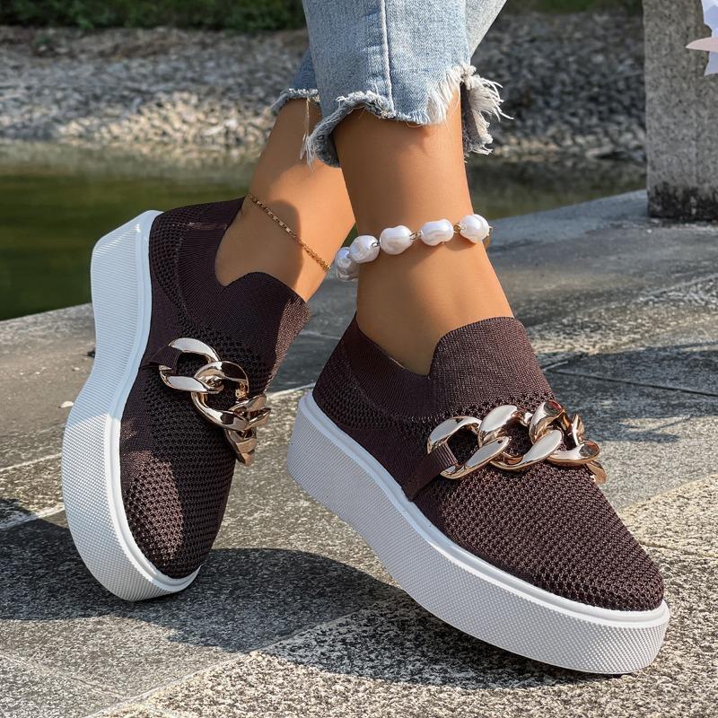 Fashion Plus Size Women's Shoes Autumn New Round Toe Deep Mouth Flyweave Mesh Breathable Metal Chain Platform Single
