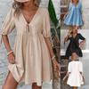 Women Elegant Loose Deep V Neck Lace Up A Line Woven Midi Dress