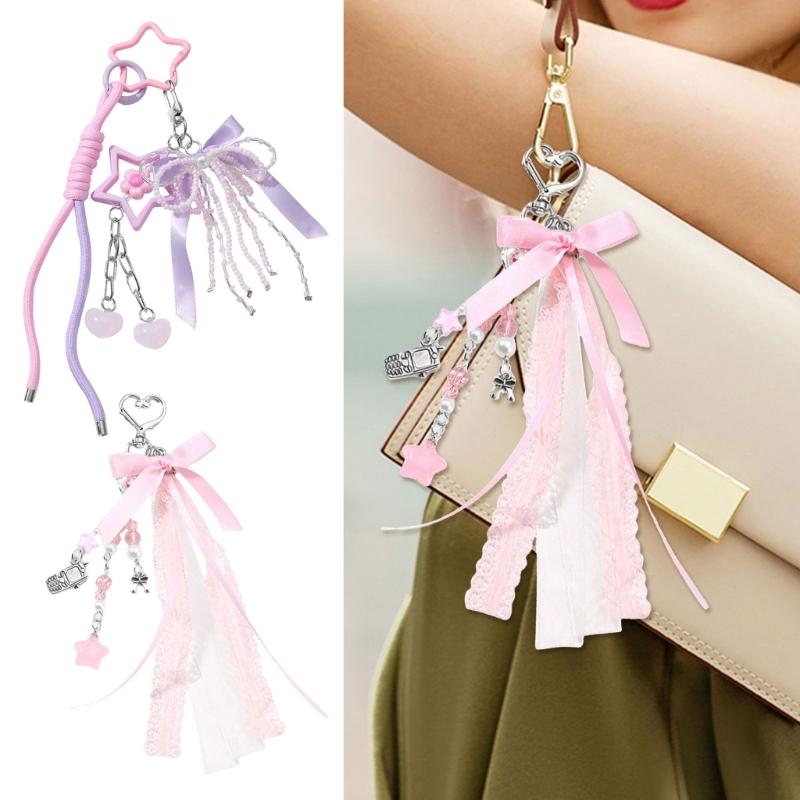 Cute Bag Charm Pendant Keyring Bowknot Heart Braided Rope Keychain Bag Charm for Backpack Purse Handbag Decoration