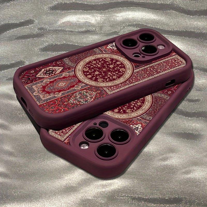 Wine red patterned carpet pattern phone case suitable for iPhone 17 16 15 14 13 12 11 Pro/Max/Plus anti drop and shockproof
