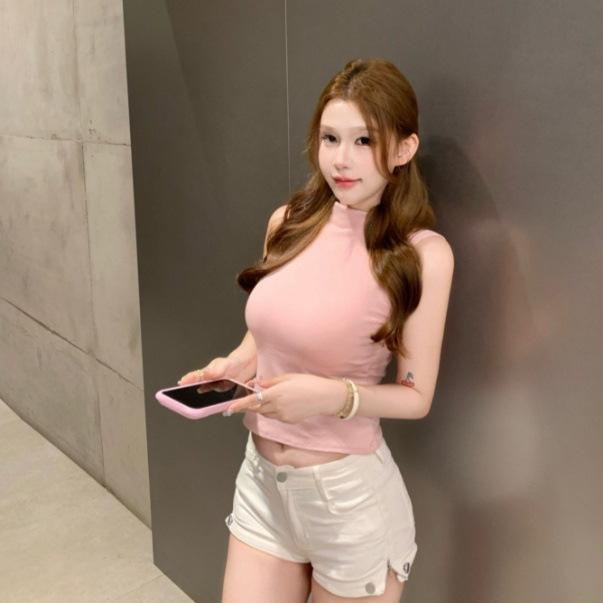 #Summer New Spice Girl Style Turtleneck Sleeveless Solid Color Splicing Vest Slim Fixed with Chest Pad Top