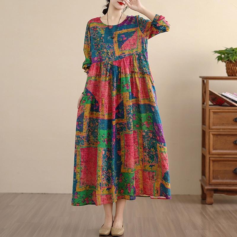 Long sleeve plus size vintage floral new in dresses for women casual loose spring autumn dress