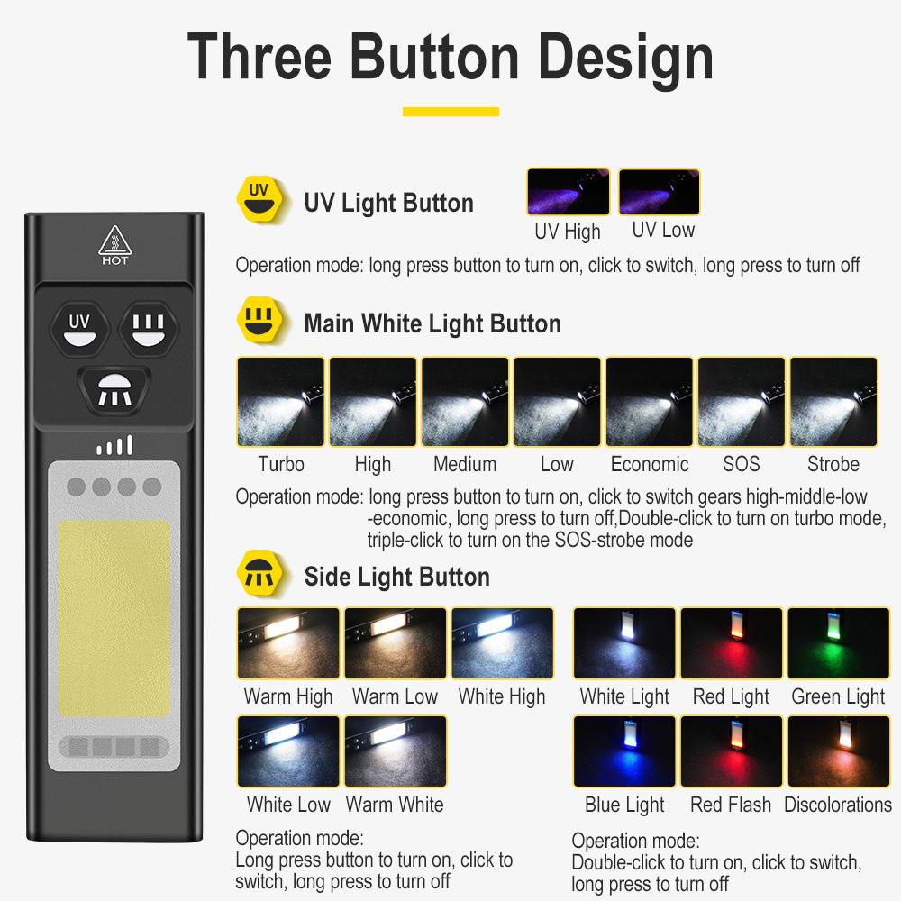 BORUiT U7 Flashlight LED UV Light Spotlight Floodlight Torch Power Bank With Magnetic Back Clip RGB Ambient Light Work Lamp
