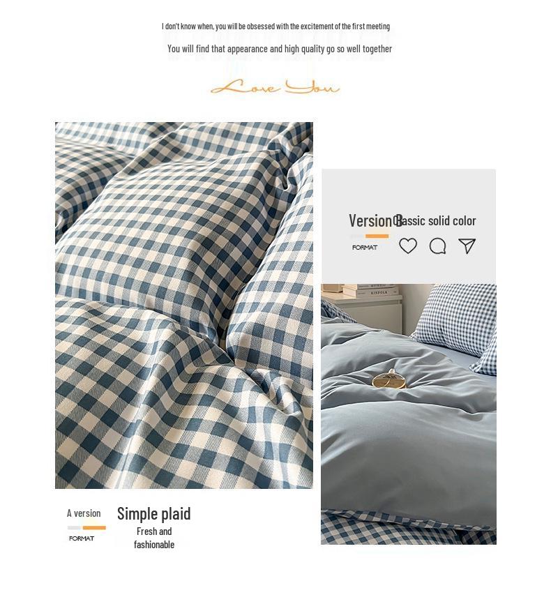 Muji Style Plaid Peach Fuzz Cotton Bedding Set: Skin-friendly Bed Sheet, Fitted Sheet, Duvet Cover - 3 or 4 Piece Options for Dorm.