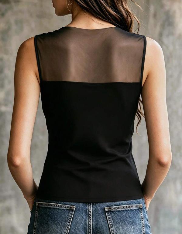 European and American Temperament Mesh Pile Collar Sleeveless Women's Summer Asymmetrical Design Niche Top