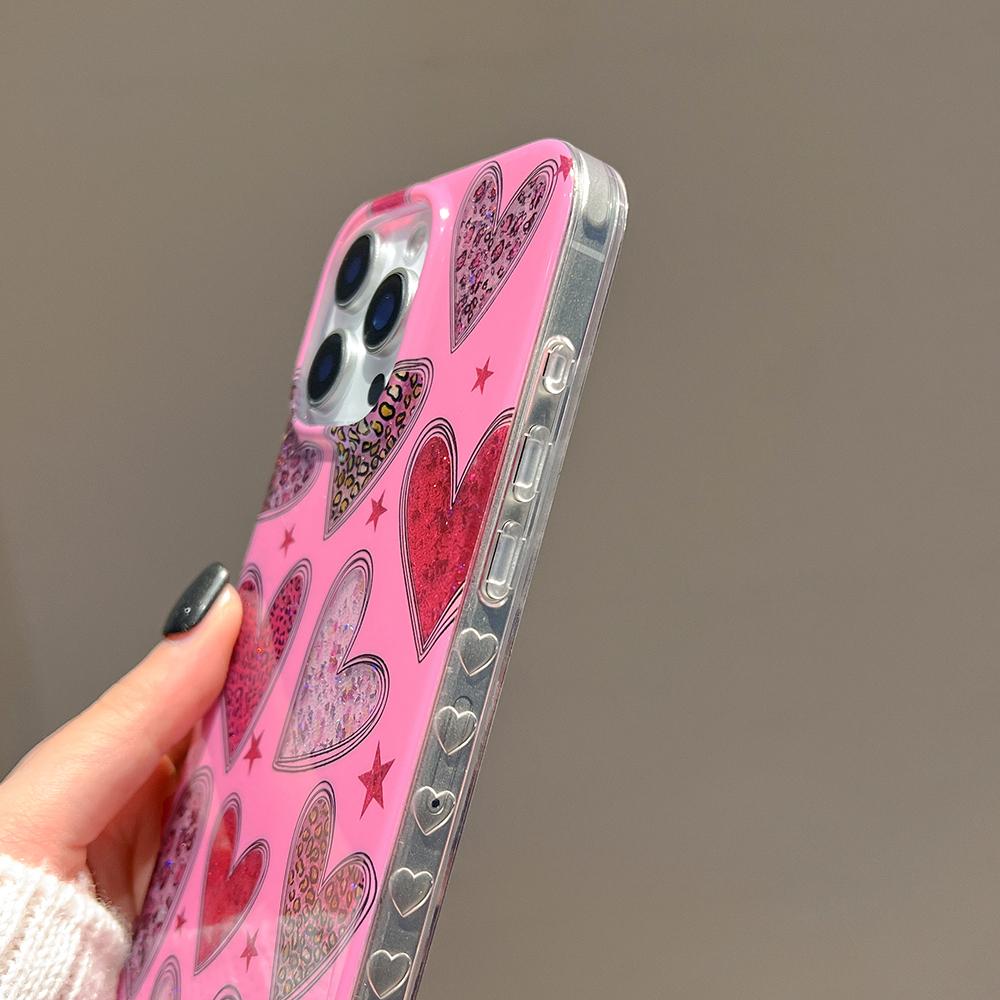Trendy Love Heart Leopard Glitter Pink Phone Case for IPhone 13 14 15 16 17 Pro Max 15pro Shockproof Soft  Bling Cover