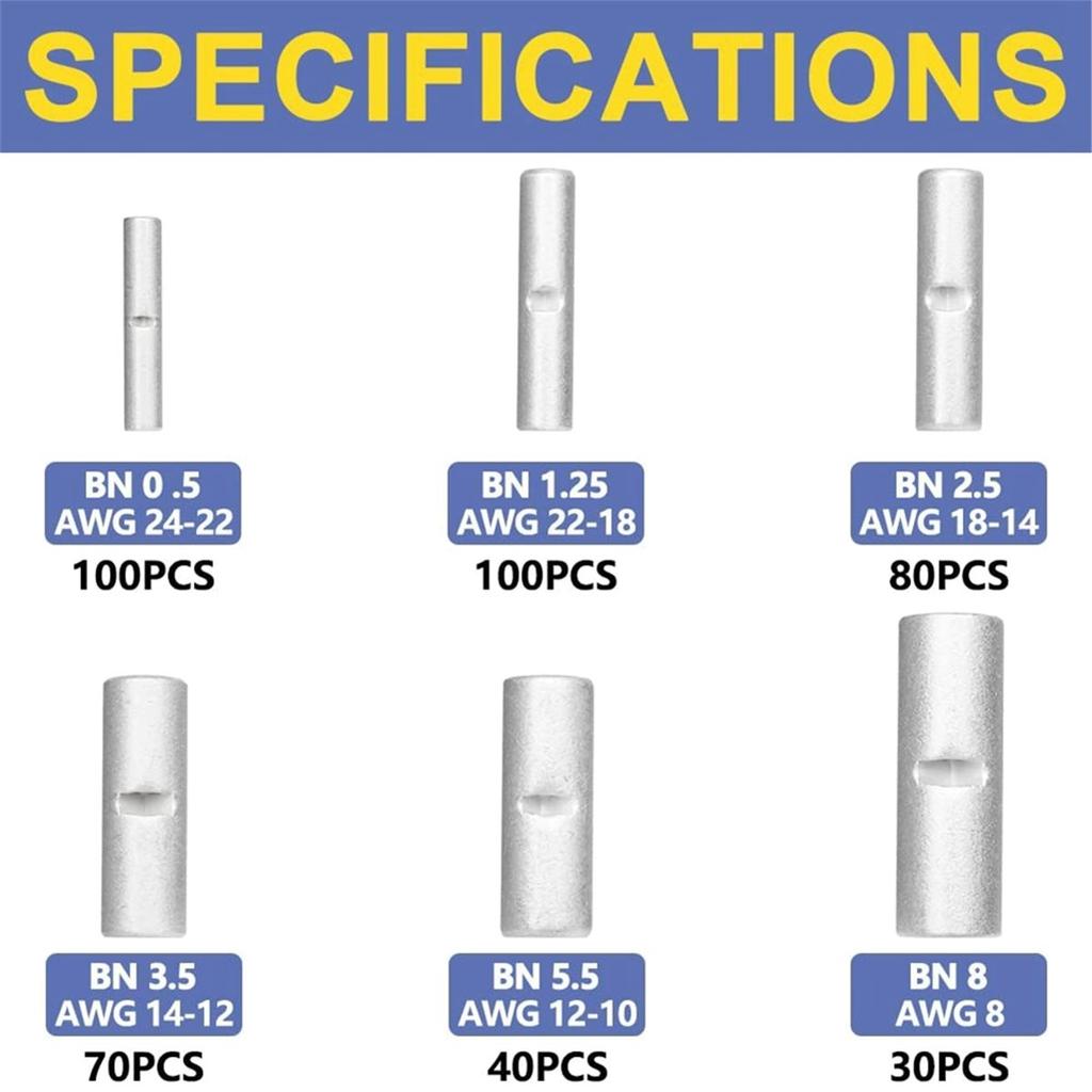 2026 New Non Insulated Butt Connectors Kit 420pcs Butt Connectors for Wiring Pure Copper AWG24-8 Wire Crimp Connector