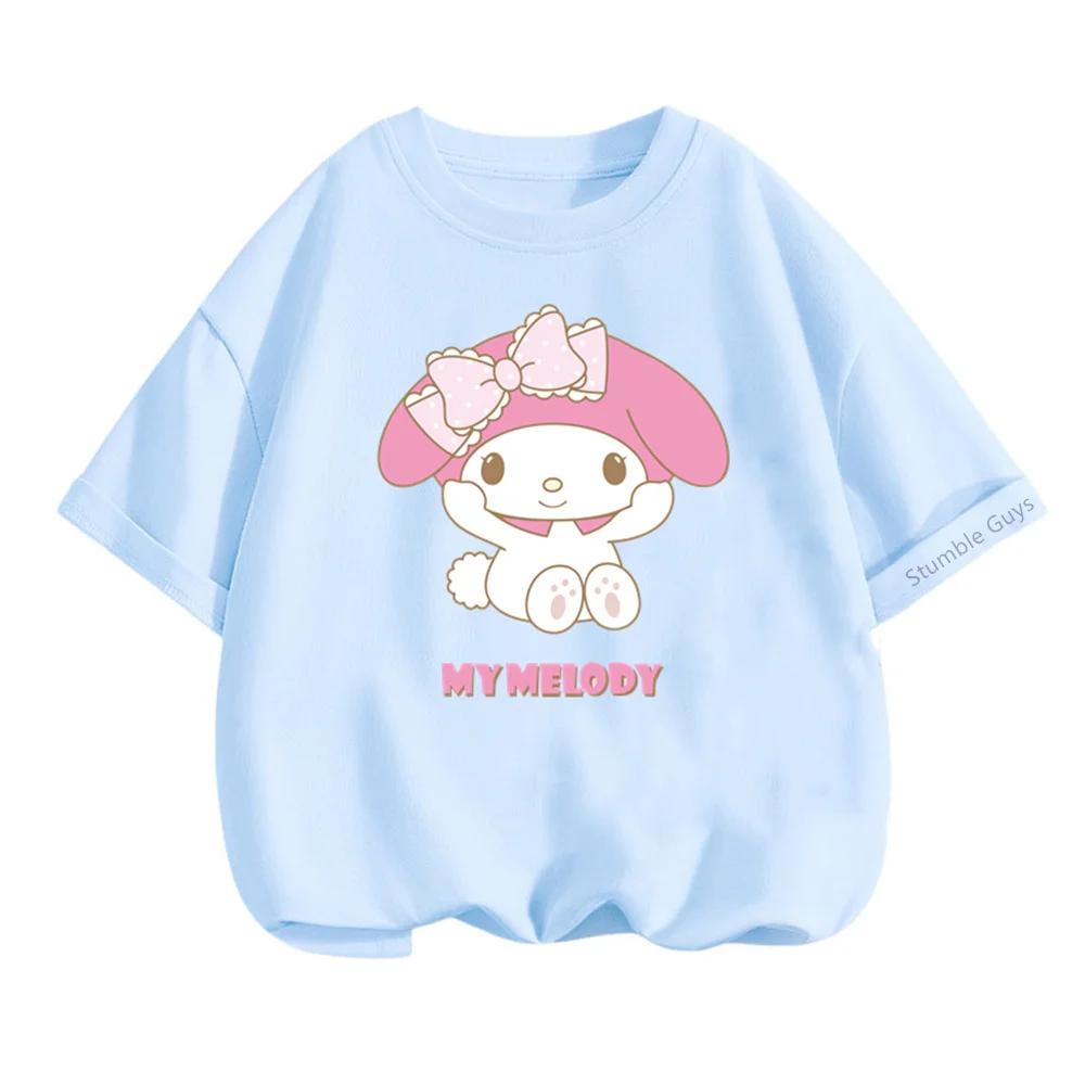 Kawaii My Melody Sanrio Short Sleeve T-shirt 3-14Y Kids Summer Casual Tops Boys Clothes Girls