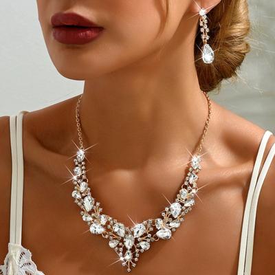Crystal Bridal Necklaces Earrings Elegant Necklace Earrings Set Rhinestone Jewelry Set  Women
