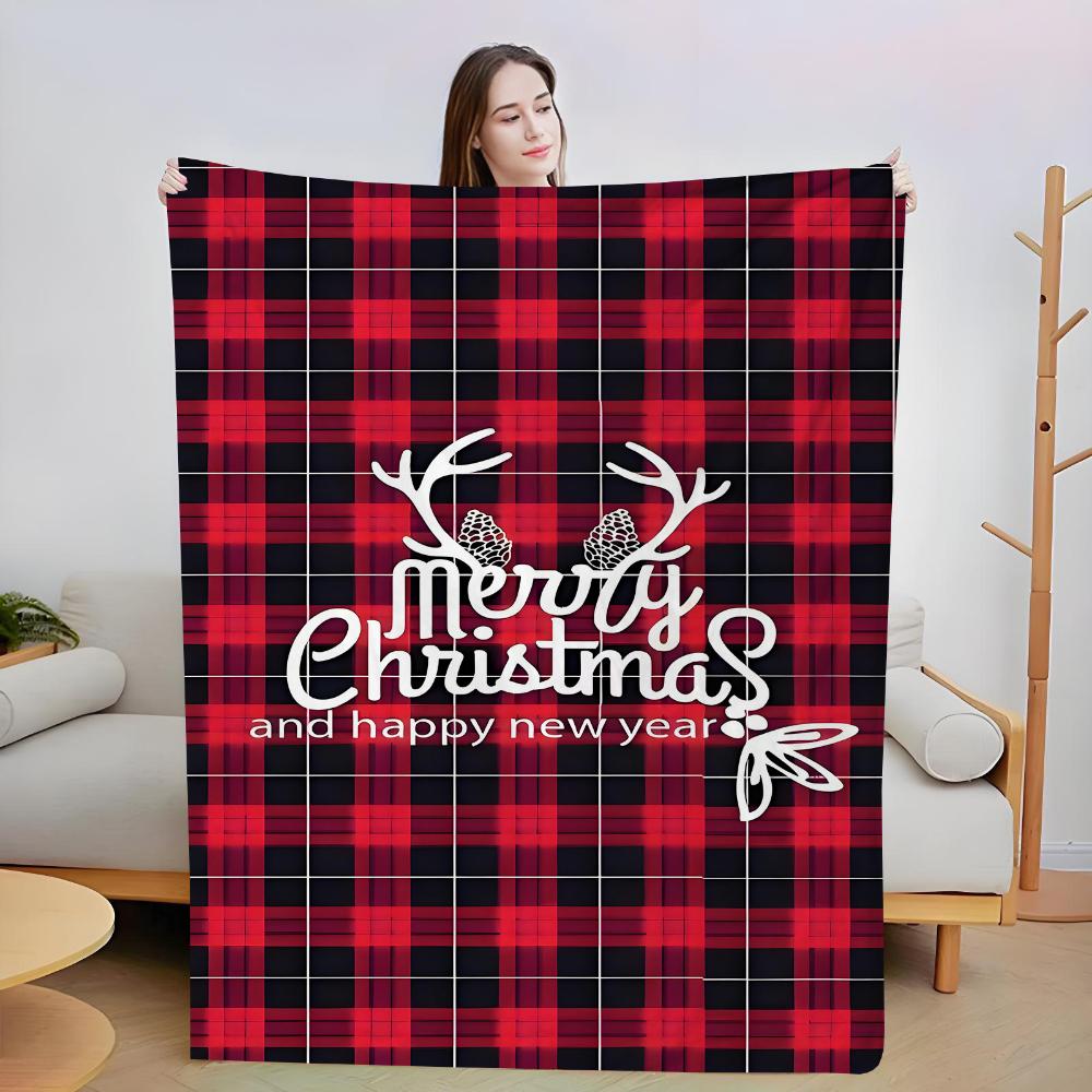 Red Black Buffalo Plaid Antler Xmas Tree Print Throw Blanket for Living Room Sofa Daily Relax Birthday Xmas Family Gift