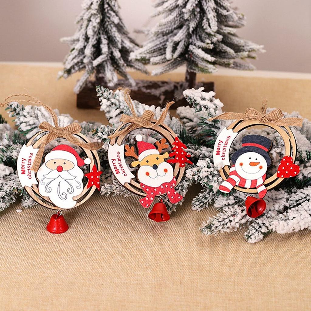 New Year Wooden Hanging Cute Burlap Christmas Tree Ornaments Party Decorations Pendants with Bells