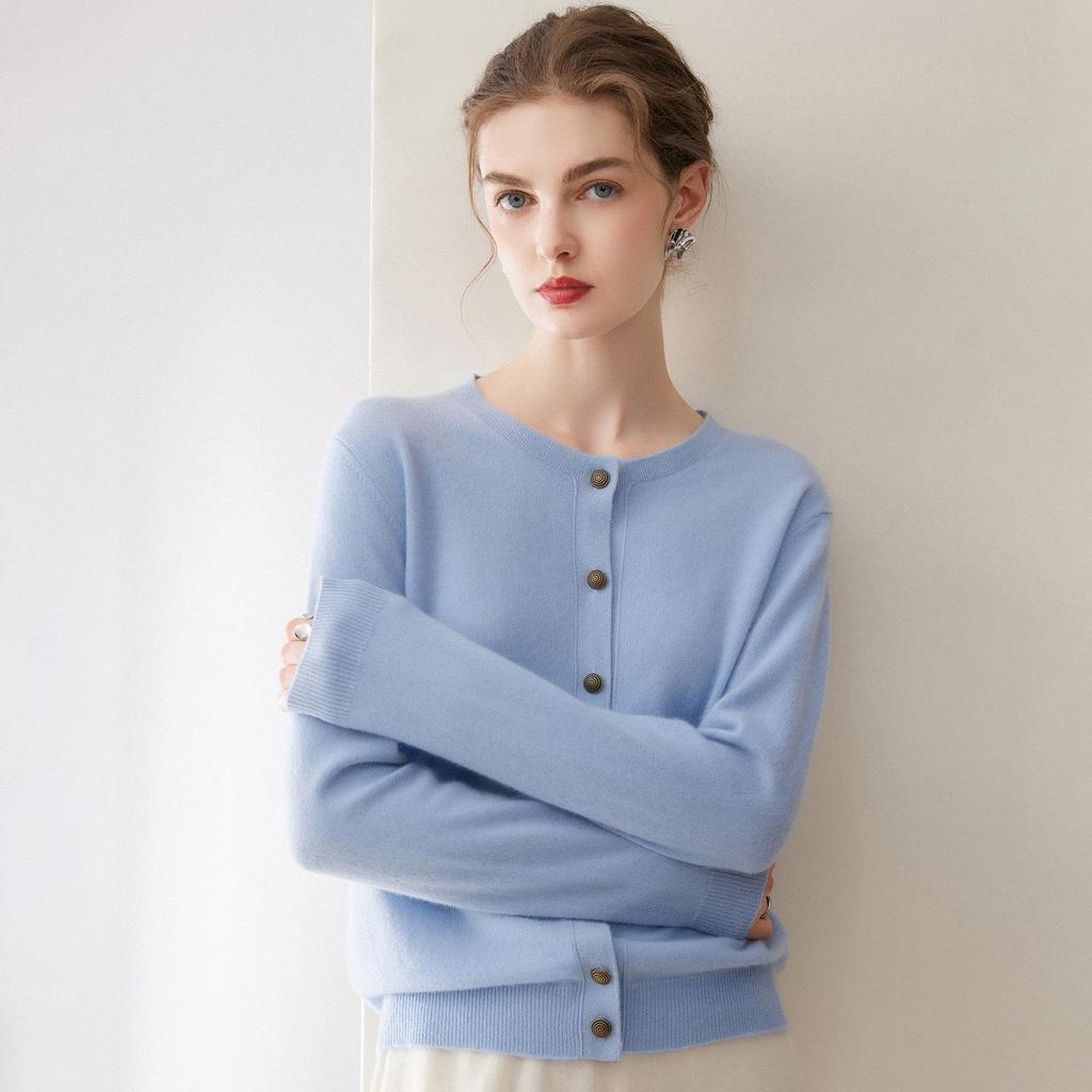 Women's 2026 Autumn/Winter Pure Cashmere Round Neck Cardigan - Single-Breasted, Commuter Style Sweater Jacket