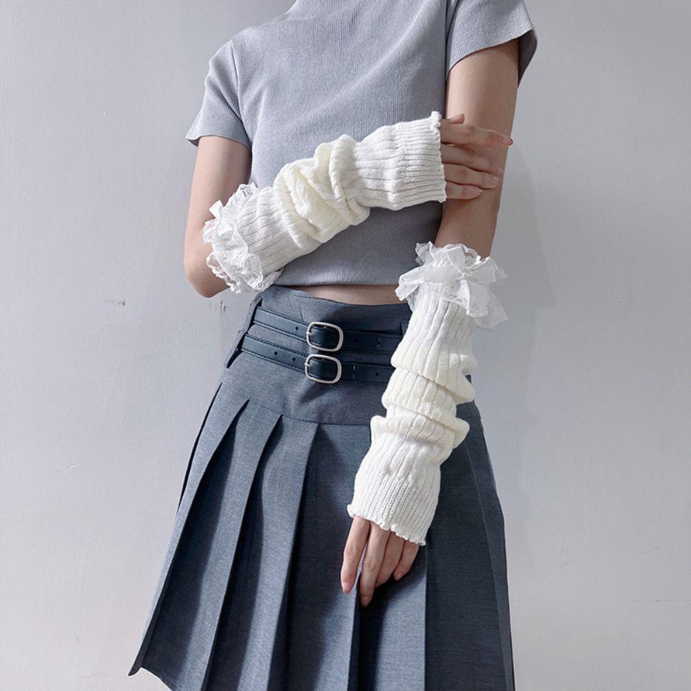 Lace Bow Knitted Gloves Solid Color Fingerless Gloves Kawaii Arm Warmers  Girls