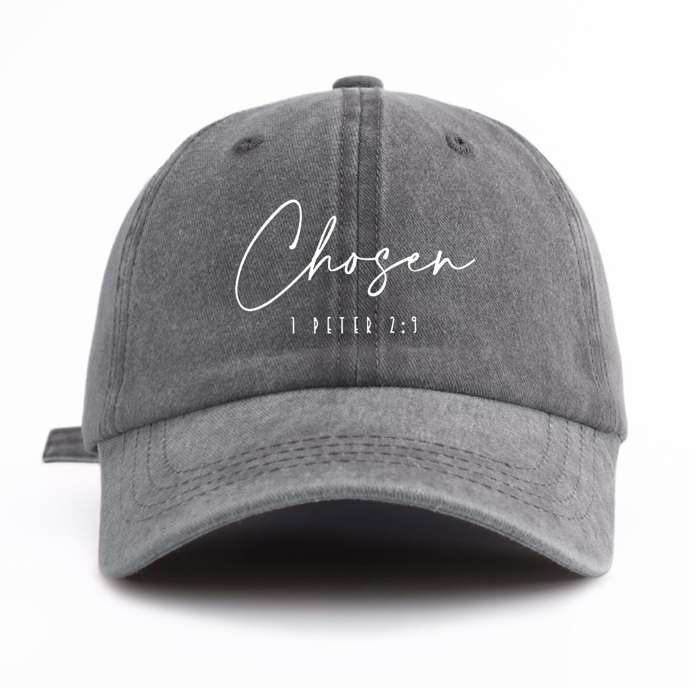

1pc CHOSEN Print Washed Baseball Cap for Adults Minimalist Retro Style Casual Soft Adjustable Dad Hat Perfect As Gift
