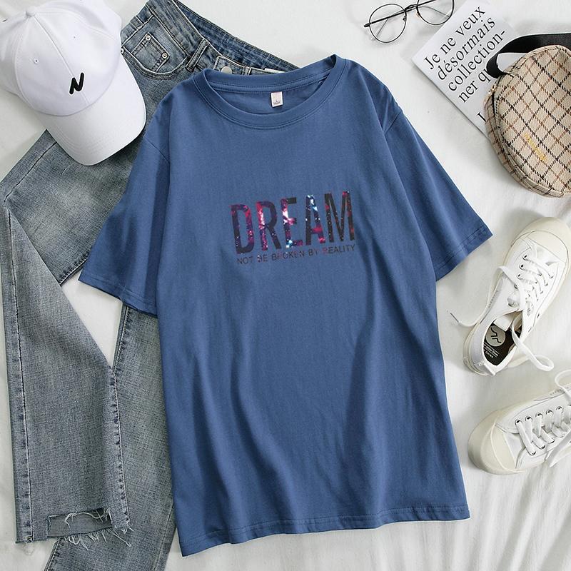 Summer New Letter Printed Dream T Shirt Solid Color Women Oversized Cotton Tees Soft Female Jumper Top