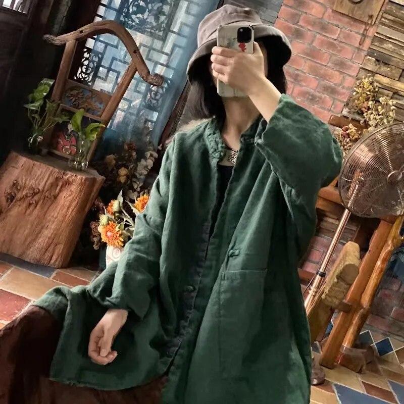 Johnature Paltoane vintage pentru femei cu imprimeu din in stil chinezesc de primăvară cu mâneci întregi largi retro, cu gâtul în formă de bumbac, parkas calde