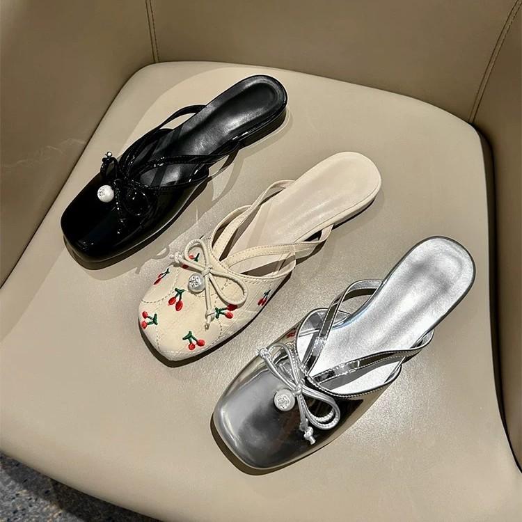 Summer Small C Design Sense New Bow Pearl Muller Shoes Women's Bag Head Half Slippers Low Heel Sandals Comfortable Women